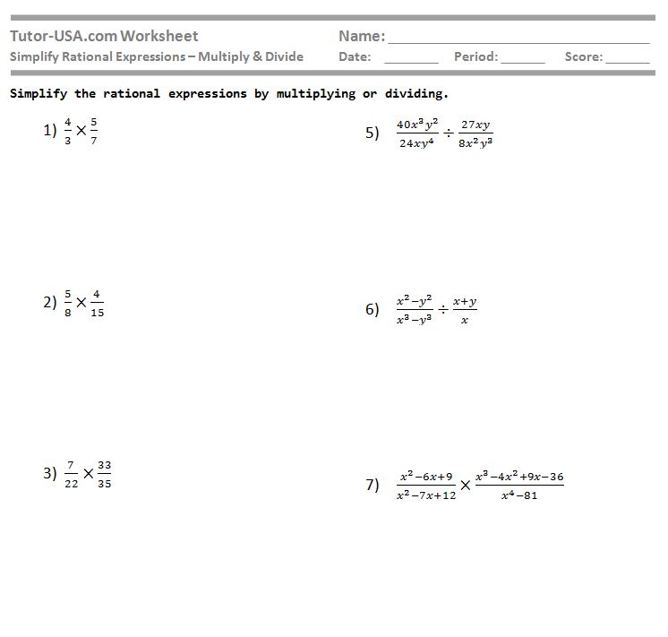 rational worksheet expressions fractions simplify multiply divide algebra printable