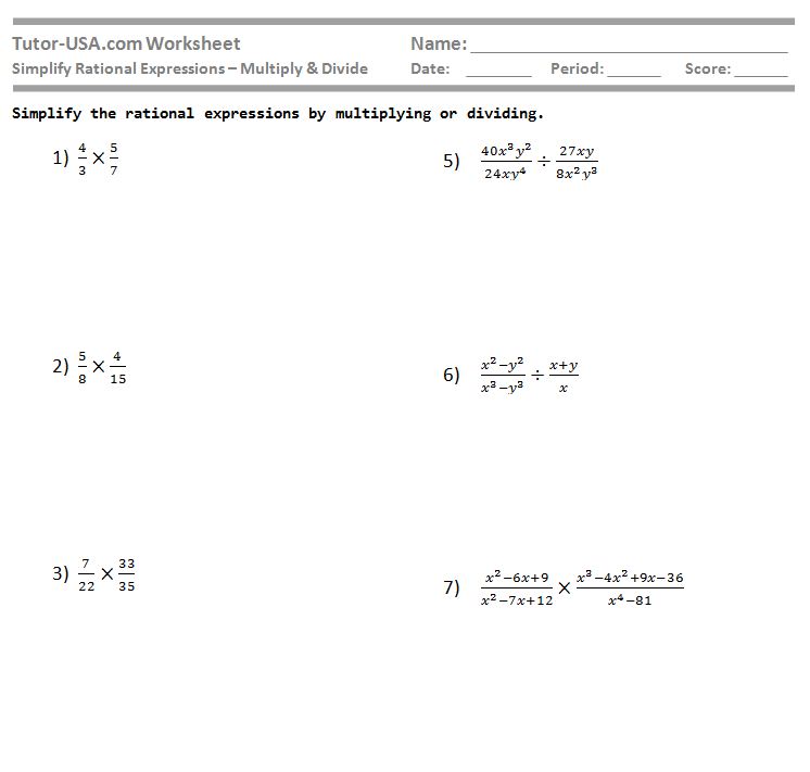 Worksheet Simplify Rational Expressions Multiply And Divide Fractions Algebra Printable