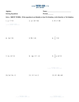 Worksheet: Equations - Solve Two-Step Equations - No Solutions and