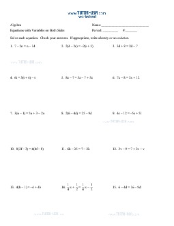 Variables On Both Sides With Distributive Property Worksheet Kids Activities