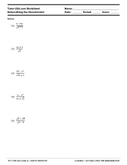 Worksheet: Rationalizing the Denominator  Algebra Printable