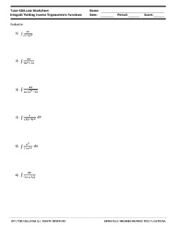 Worksheet Integration Integrals Yielding Inverse Trigonometric Functions Calculus Printable