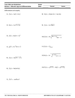 Worksheet Differentiation Of Natural Logarithms Calculus Printable