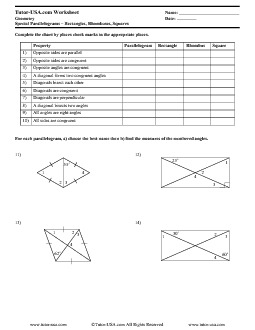 Worksheet: Special Parallograms - Rectangles, Rhombuses, Squares