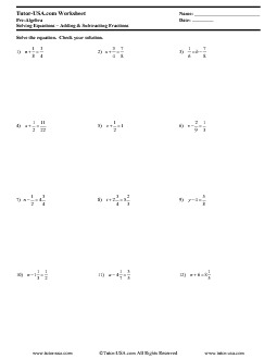 Worksheet Solving One Step Equations With Fractions Addition And Subtraction Pre Algebra Printable