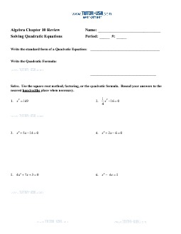 Worksheet: Quadratic Equations - Solve using Square Root Method