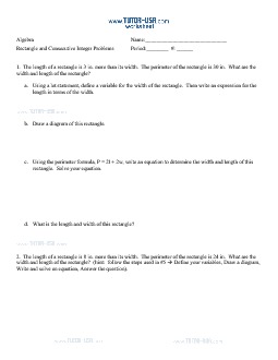 PDF: Algebra - perimeter, consecutive integers, word problems