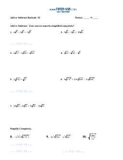 Worksheet: Radical Expressions - Simplify by Addition and Subtraction