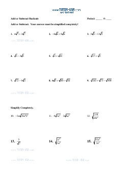 Worksheet: Radicals - Simplify Using Add, Sub, Multiply, Divide | Algebra Printable