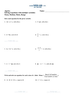 Worksheet: Equations - Solve Equations for a Given Variable - Mean