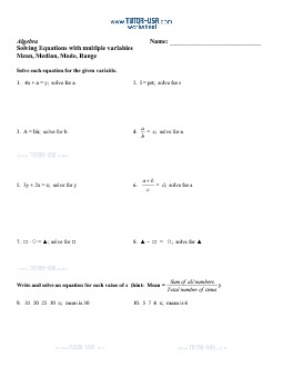 Worksheet: Equations - Solve Equations for a Given ...