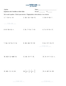 Worksheet: Equations  Solving Equations with Variable on Both Sides  Algebra Printable