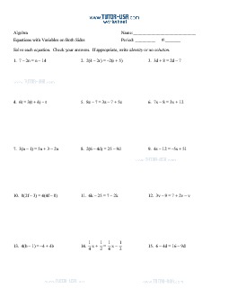 Solving equations with variables on both sides worksheet 8th grade