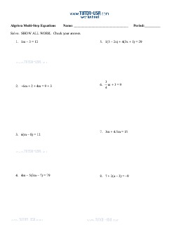 Worksheet: Equations - Solve Multi-Step Equations | Algebra Printable