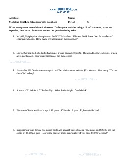 worksheet equations word problems model real life situations with equations algebra printable