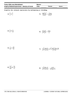 Worksheet: Simplify Rational Expressions - Multiply And Divide Fractions | Algebra Printable