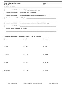 worksheet using divisibility rules identify factors and multiples pre algebra printable