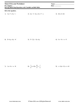 Worksheet: Solving MultiStep Equations Variable Both Sides PreAlgebra Printable Worksheet: Solving MultiStep Equations Variable Both Sides PreAlgebra Printable