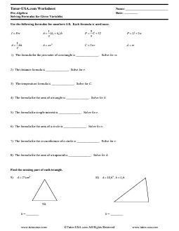 Worksheet: Solving Formulas - Using Formulas | Pre-Algebra Printable