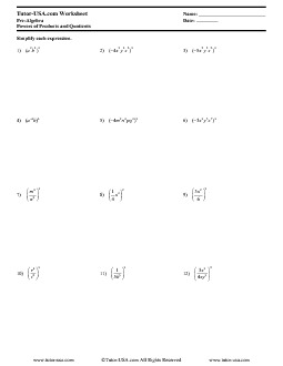 worksheet rules for exponents powers of products and quotients pre algebra printable