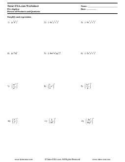 Worksheet: Rules for Exponents - Powers of Products and Quotients |  Pre-Algebra Printable