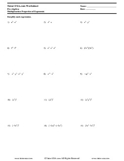 Worksheet: Rules for Exponents - Multiplying Powers - Power to a Power |  Pre-Algebra Printable