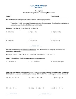 Worksheet: Distributive Property & Combining Like Terms | Pre-Algebra