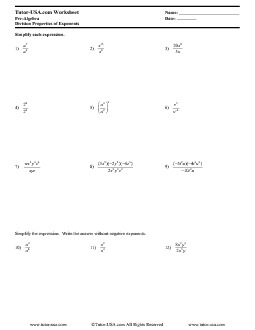 Worksheet: Exponents - Division Properties Of Exponents - Rules For Dividing Powers | Pre-Algebra Printable