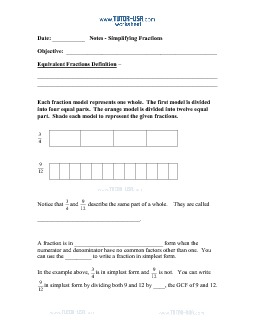 PDF: Pre-Algebra - fractions, equivalent fractions, simplest form