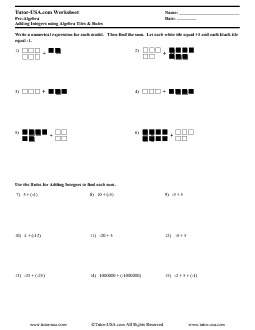 Worksheet: Algebra Tiles - Adding Integers using Algebra Tiles, Models