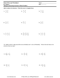 worksheet mixed numbers add and subtract fractions and mixed numbers pre algebra printable