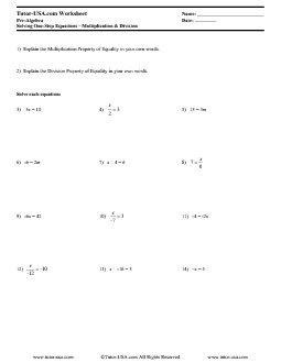 Worksheet: Solving One-Step Equations using Multiplication & Division ...