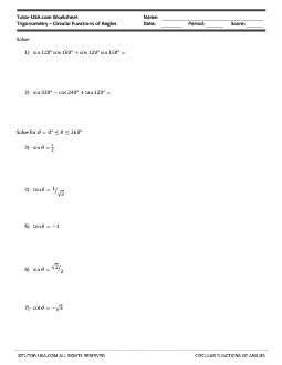 Worksheet: Trigonometric Functions - Circular Functions and Angles |  Trigonometry Printable